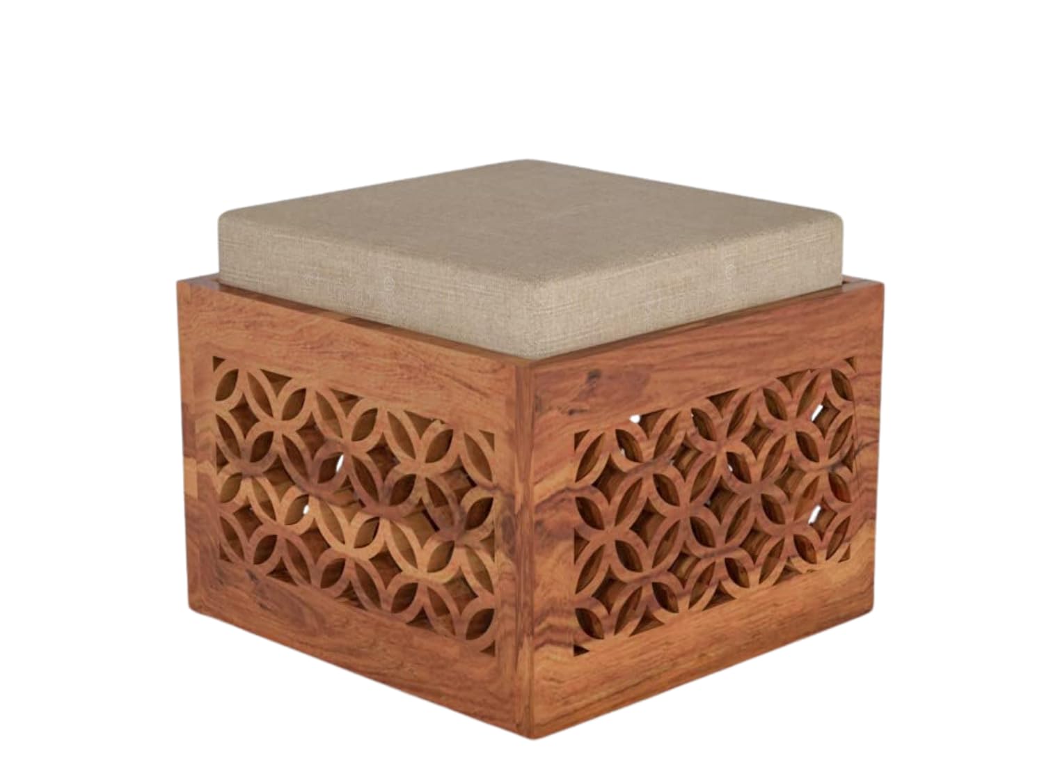 Solid Sheesham Wood Square Shape Ottoman Stool for Living Room Sitting Pouffes Home Furniture Mudda Sitting Foot Stool for Office Room Decor - Cream