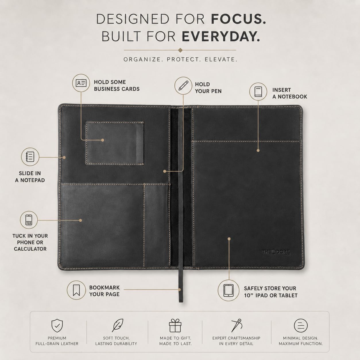 THEODORE Tagebucheinband aus echtem Leder für Tablet oder Handy - Mit Visitenkartenhalter, Stiftfächern und Platz für Moleskine Notebooks XL - Jetzt mit Zeitschriften
