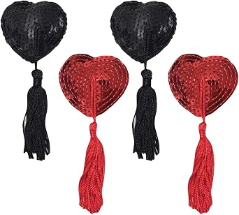 2 Pairs Heart Shaped Nipple Covers Reusable Sexy Breast Pasties Adhesive Breast Stickers Sticky Bra with Sequin Tassel Black and Red