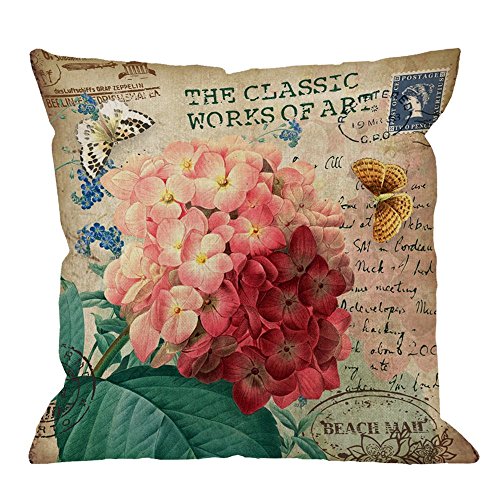 HGOD DESIGNS Throw Pillow Cover Ixora Flower with Vintage Butterfly Stamp Old Style Letter Yellow Pink Green Home Decorative Pillow Cases Cotton Linen Square Cushion Covers for Sofa Couch 18x18 Inch