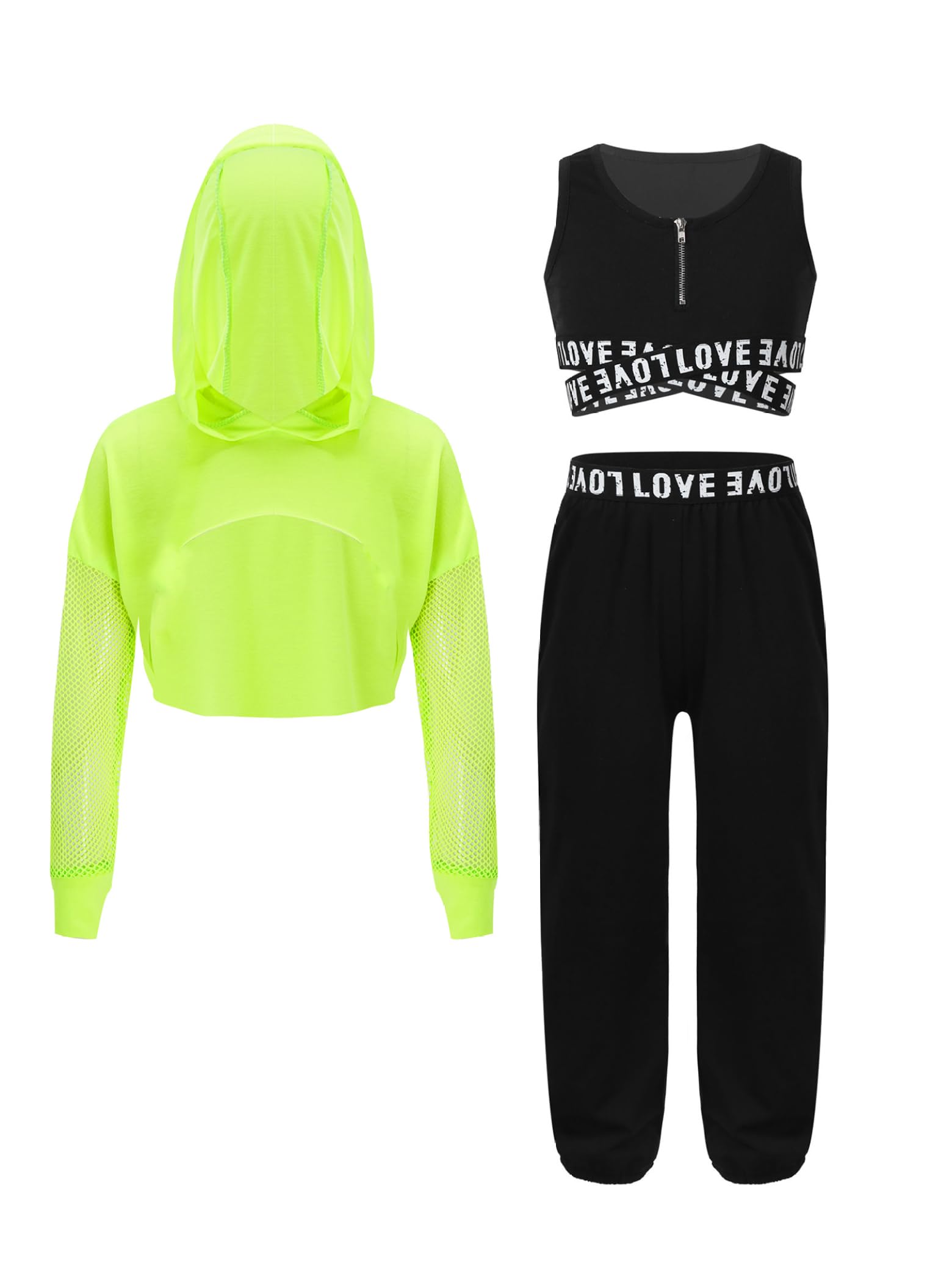 Dziewczęca odzież hip-hopowa Streetdance strój z odkrytym brzuchem bluza z kapturem Crop Tank Top i czółenka 3-częściowy zestaw sportowy do treningu tanecznego