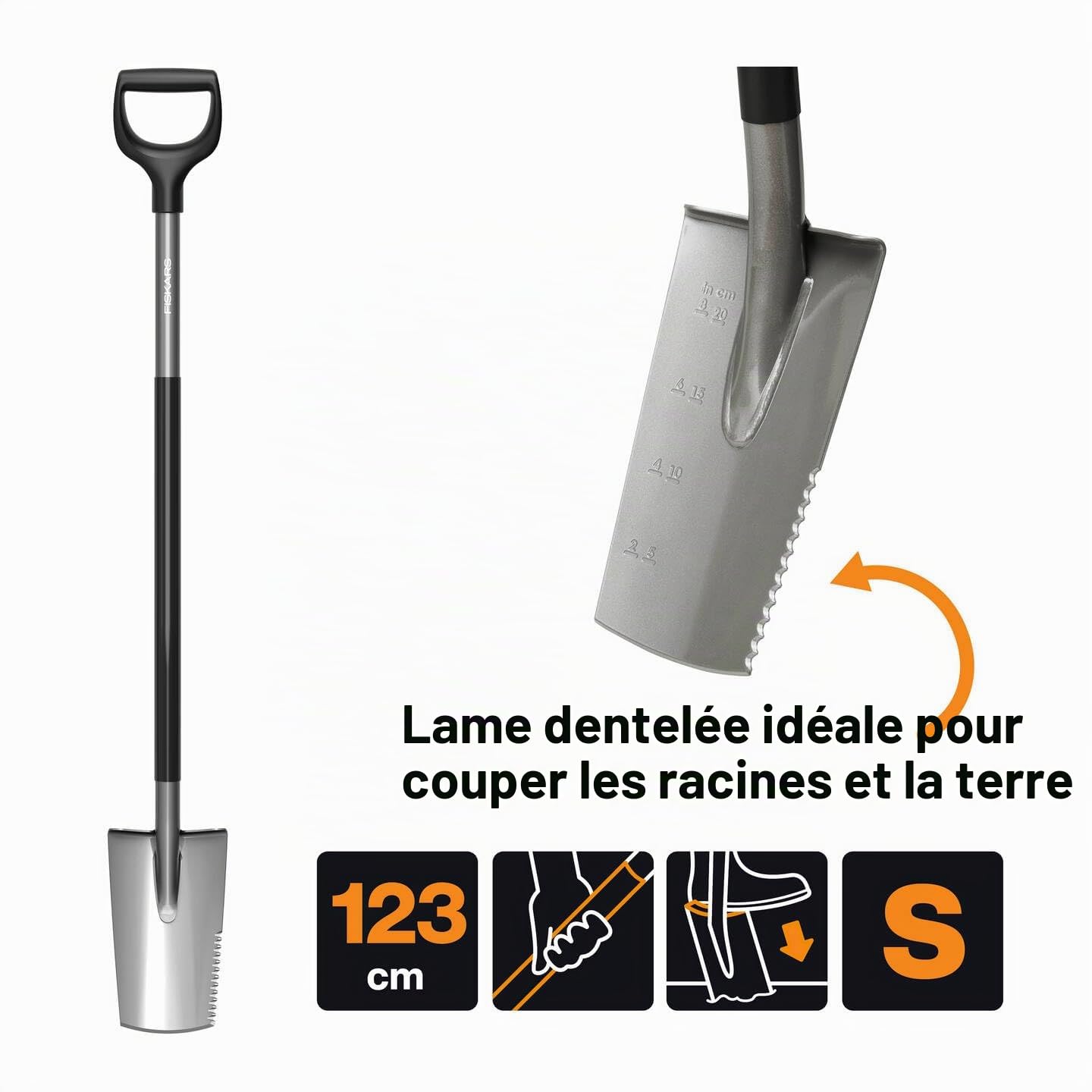 Fiskars Ergonomic Bêche Dame, Bêche avec Dents de Scie pour Couper Les Racines, Poignée en D, Acier au Bore/Plastique, 1066714