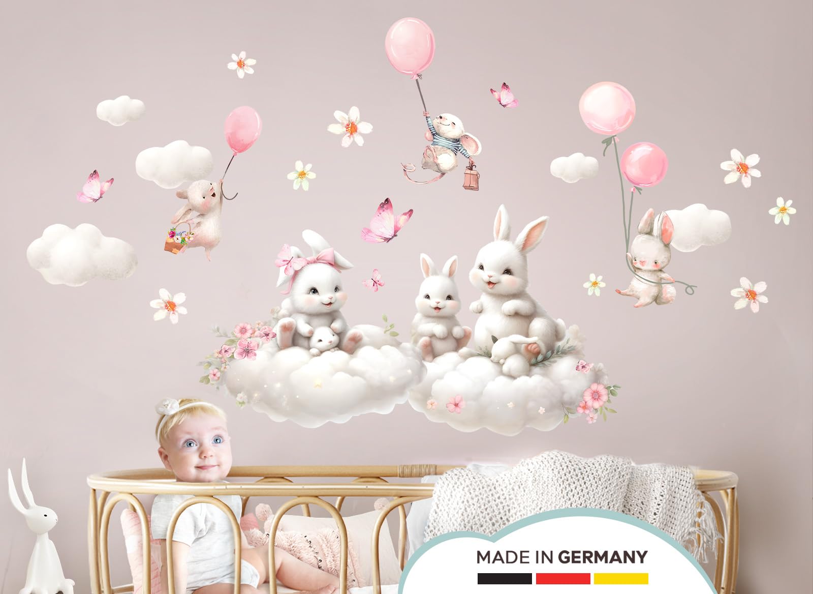 Little Deco Naklejka na ścianę z motywem zająca na chmurach, tatuaż ścienny, pokój dziecięcy, kwiaty, zestaw naklejek na ścianę, pokój dziecięcy, myszka, balon, sypialnia, dekoracja ścienna, DL5055-05