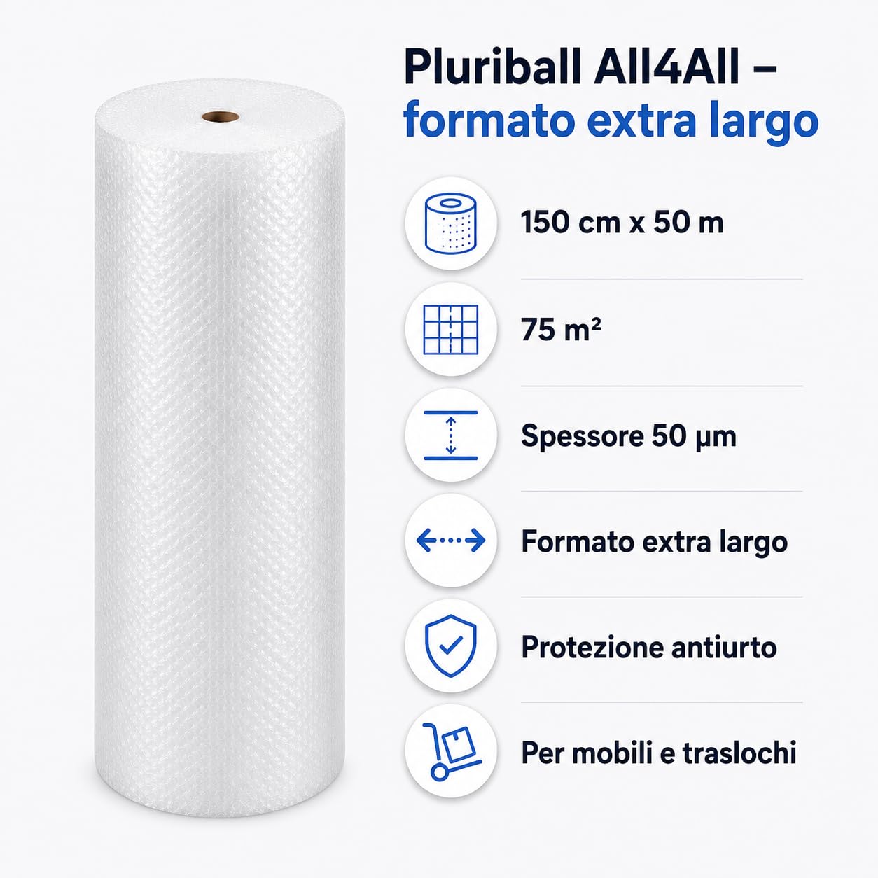 All4All Pluriball per Imballaggio 150 cm x 50 m, 75 m², Spessore 50 µm, Rotolo Extra Largo, Protezione Antiurto per Traslochi, Mobili e Oggetti Fragili