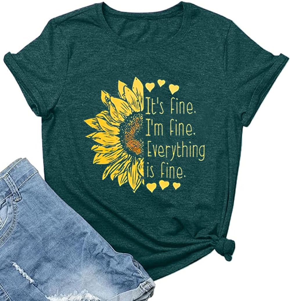 Women's I'm Fine Everything is Fine T-Shirts Sunflower Short Sleeve USA Flag Casual Cute Funny Graphic Tee Blouse Tops
