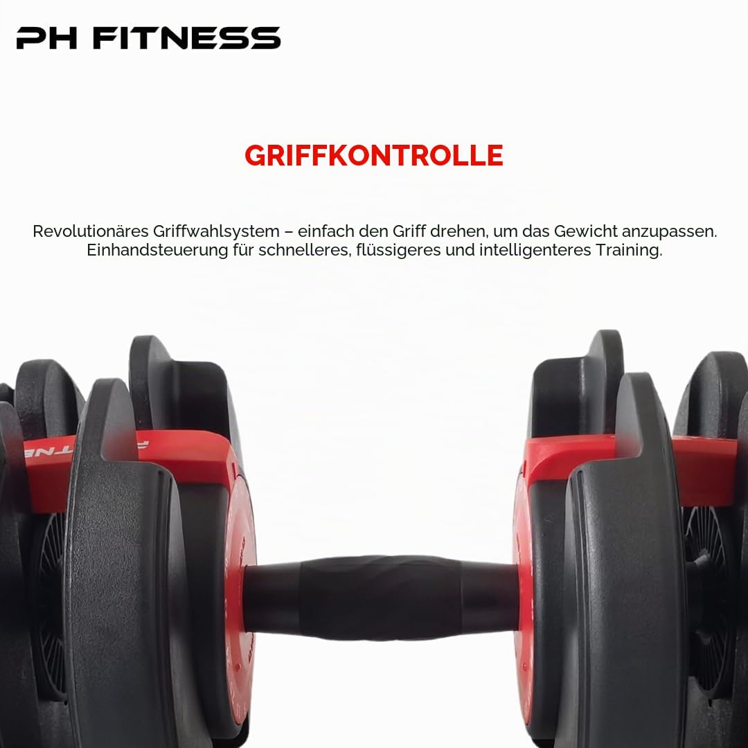 PH Fitness Premium Verstellbares Kurzhantel Set 24kg – 15-in-1 Einhand-Drehung – Kompaktes Hantel-Duo für Home Gym – 2,5–24kg – Platzsparendes Krafttrainingsgerät