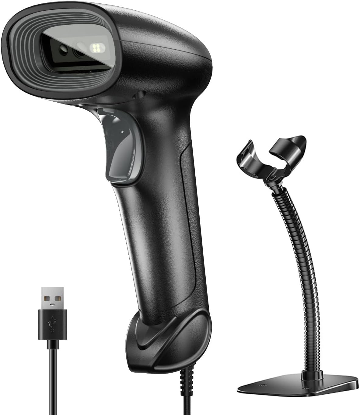 QR 2D 1D Barcode Scanner with Stand, USB Handheld Barcode Reader Compatible with QR Code & Barcode, Camera Button Scan/Induction and Continuous Automatic Scan (BlackGrey)