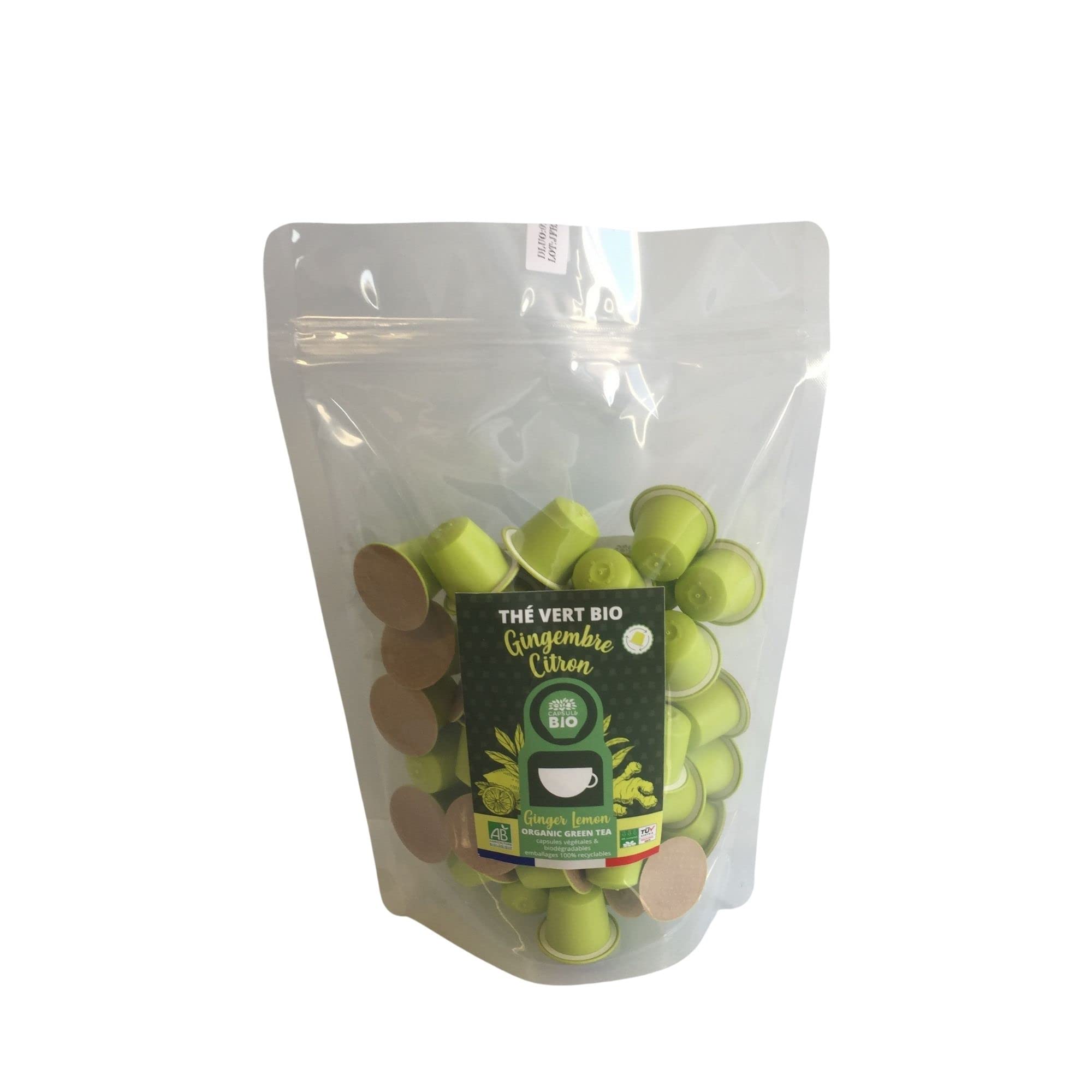 CAPSUL&BIO Thé Vert Gingembre et Citron Bio - 50 Capsules Biodégradables - Compatible avec les machines Nespresso - 100% Végétales - Rapide et Sain - Fabrication Française