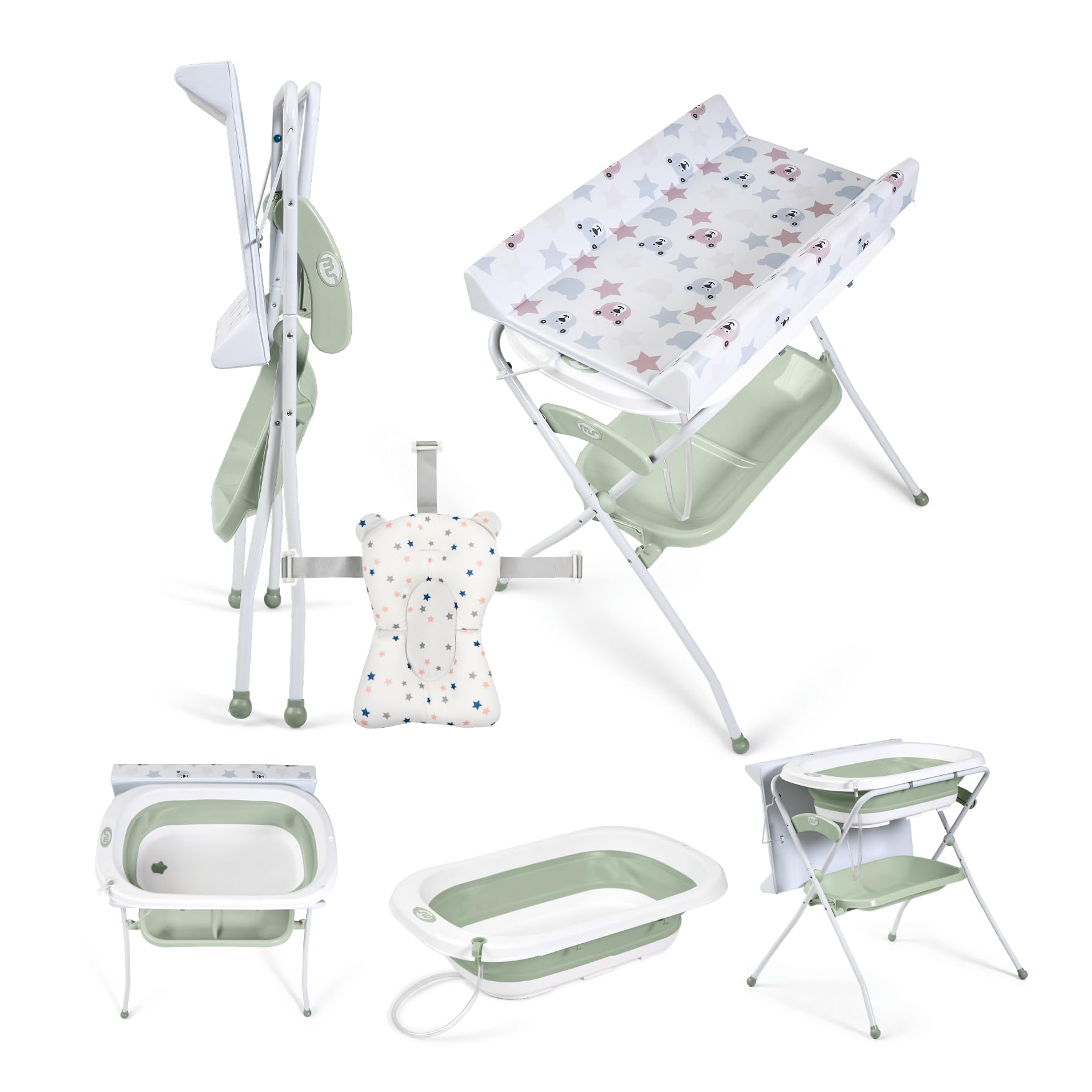 Ms BabyWorld ZOE Vasca da bagno con gambe, fasciatoio, cuscino riduttore e cestino portaoggetti, comodo, facile da riporre, con tappo e gambe antiscivolo, vasca da bagno pieghevole e portatile (Verde)