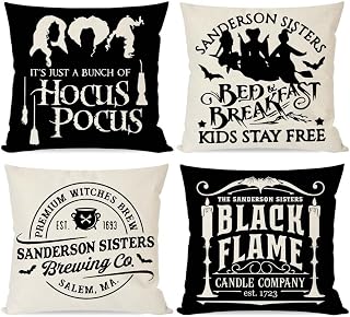 Halloween Hocus Pocus Pillow Covers 18x18 Set of 4, Sanderson Sisters Halloween Decorations Outdoor Halloween Pillows Decorative Throw Pillows Cases Fall Pillows Cushion Covers Couch Decor