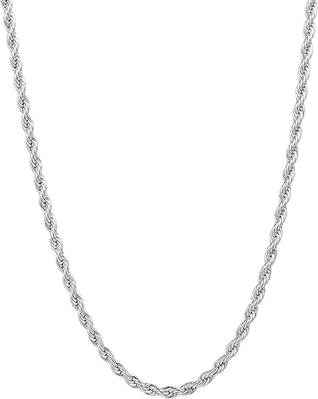 3mm Rope Chain Necklace for Men, Silver Tone Mens Chain Necklace, Stainless Steel Necklace Chain for Men Women, Jewelry Gift