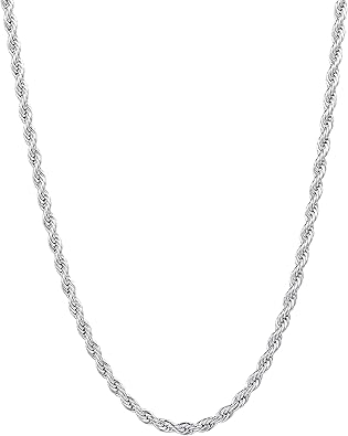 Fiusem 3mm Rope Chain Necklace for Men, Silver Tone Mens Chain Necklace, Stainless Steel Necklace Chain for Men Women, Jewelry Gift