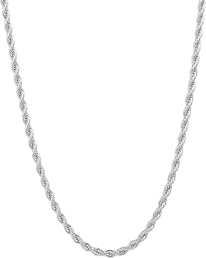 Fiusem 3mm Rope Chain Necklace for Men, Silver Tone Men Chain Necklace, Stainless Steel Chain for Men Women Boys