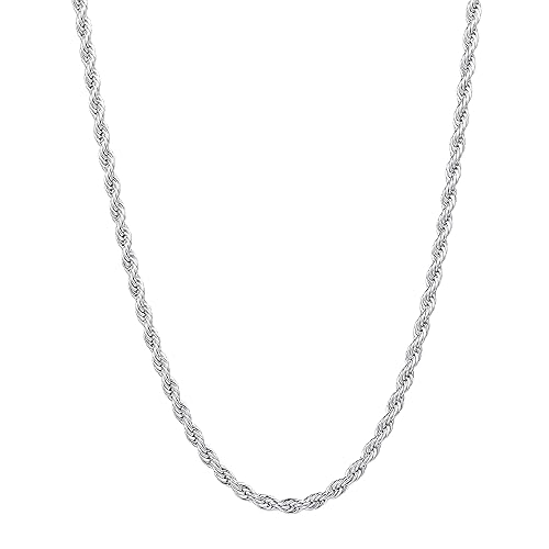 Fiusem 3mm Rope Chain Necklace for Men, Silver Tone Mens