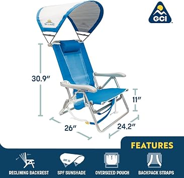 GCI Outdoor Sunshade Backpack Beach Chair | Reclining Folding Canopy Chair with Durable Armrests, Drink Holder & Carry Straps, Perfect for Beach Trips & Picnics Saybrook Blue
