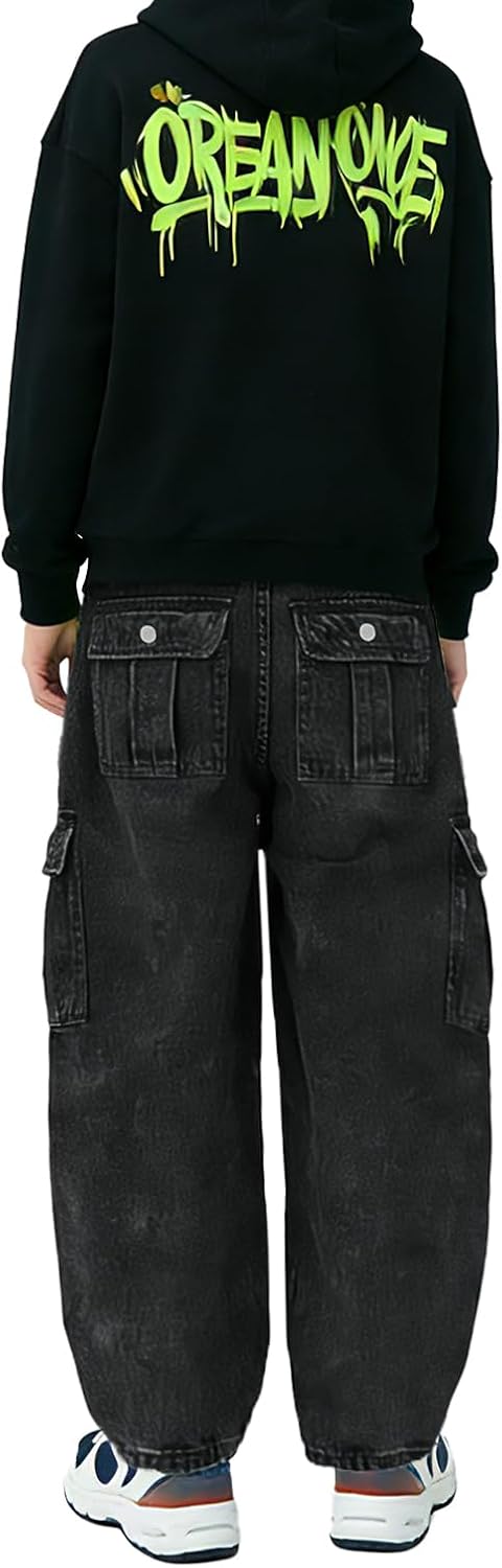 Baggy Jeans for Boys Cargo Jeans, Mid Rise Elastic Waist Multi-Pockets Denim Pants School Streetwear Size 8-12