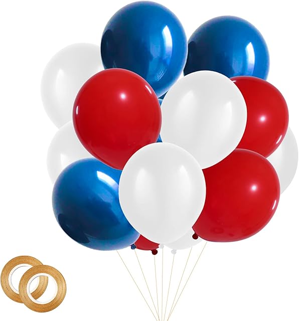 Red & White & Blue Balloons - Pack of 60 Latex Balloons with 2pc Ribbon for Birthday Party, Weddings, Anniversaries and Celebrations Party Decorations