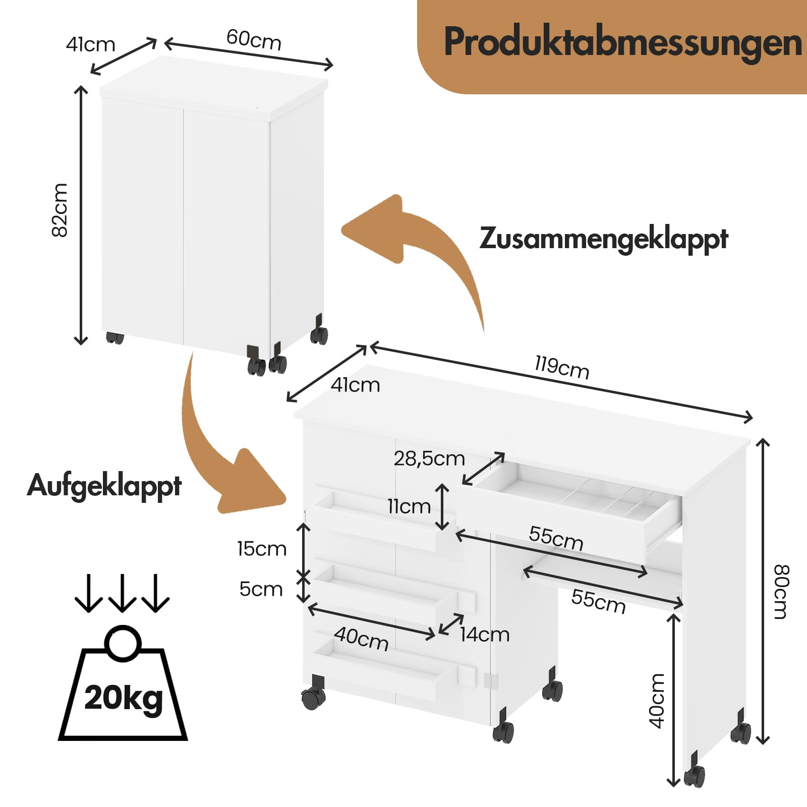 Nähtisch Klappbar & 2-in-1 Nähmaschinentisch – Mobiler Nähmaschinenschrank mit Rollen, 4 Ablagefächern & Schublade – Multifunktionaler Basteltisch & Schreibtisch für Wohnzimmer & Arbeitszimmer