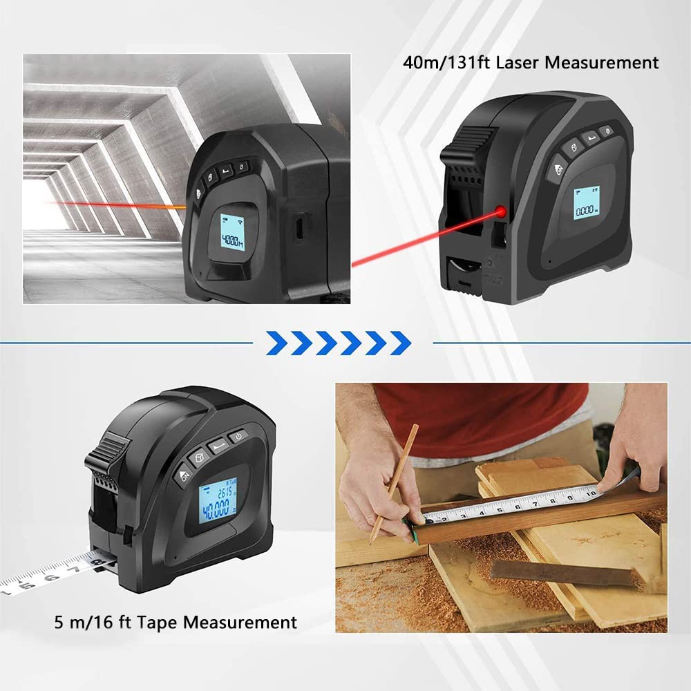 Mètre à ruban laser numérique 2 en 1 avec écran LCD, mesure laser de 40 m, mètre ruban de 5 m, zone de mesure/volume/distance