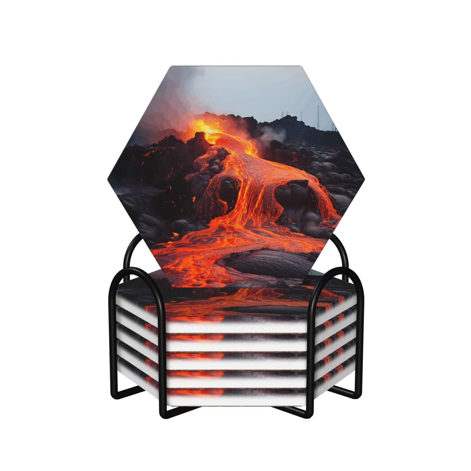 Dessous de verre absorbants en céramique lot de 6 avec support motif volcan