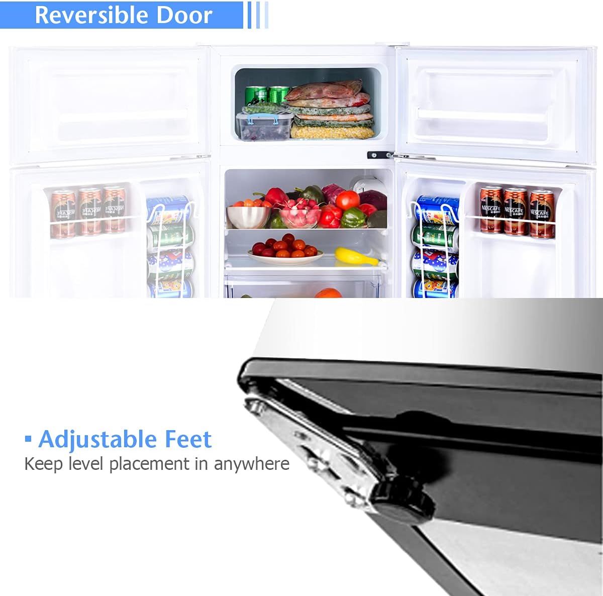 KOTEK Mini Fridge with Freezer, 3.2 Cu.Ft Compact Refrigerator with Reversible 2 Doors, 7 Level Adjustable Thermostat & Removable Shelves, Small Refrigerator for Bedroom/Office/Dorm/Apartment (White)
