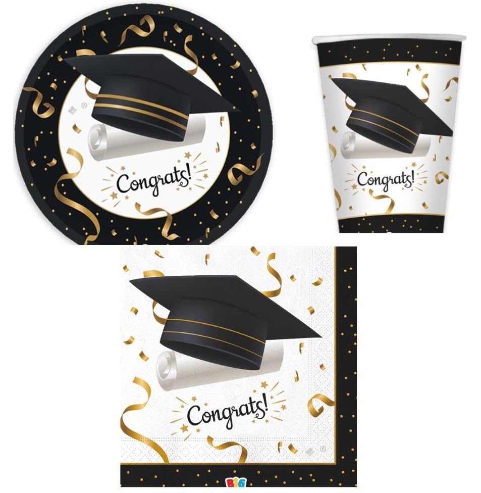 Set 40 pezzi - Kit Coordinato tavola LAUREA - Colore Bianco e Nero con stampa tocco e pergamena - decoro buffet feste - 12 piatti + 12 Bicchieri + 16 tovaglioli