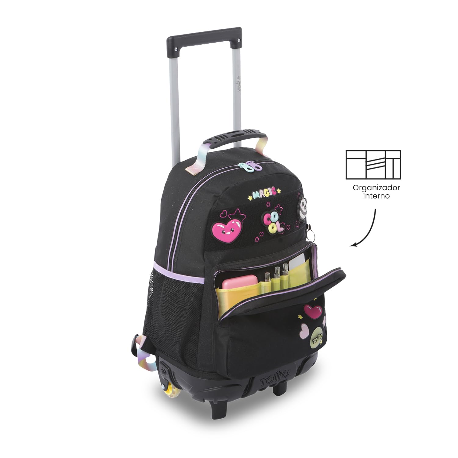 TOTTO - Mochila Escolar con Ruedas, Modelo Glowing Black M, Mochila Mediana, Capacidad 23 L, Bolsillos Botella, 2 Compartimentos Frontales, Protección en la Base, Correas Ajustables, Estampado Negro