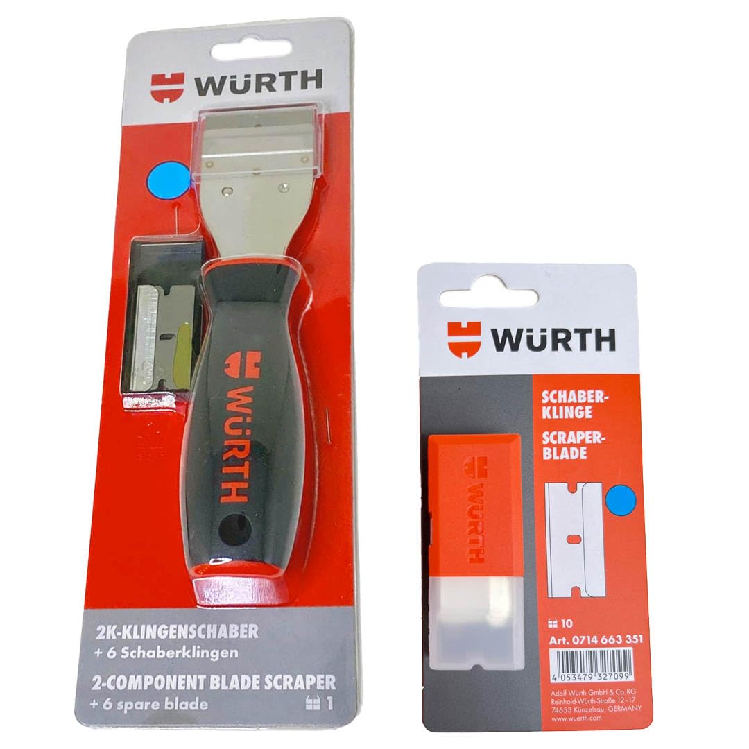 Würth Klingenschaber + 16 Klingen, 2K Griff Klingenschaber 071466335 zum Entfernen von Aufklebern Vignetten Kleberesten von Glasscheiben Glaskochfeldern