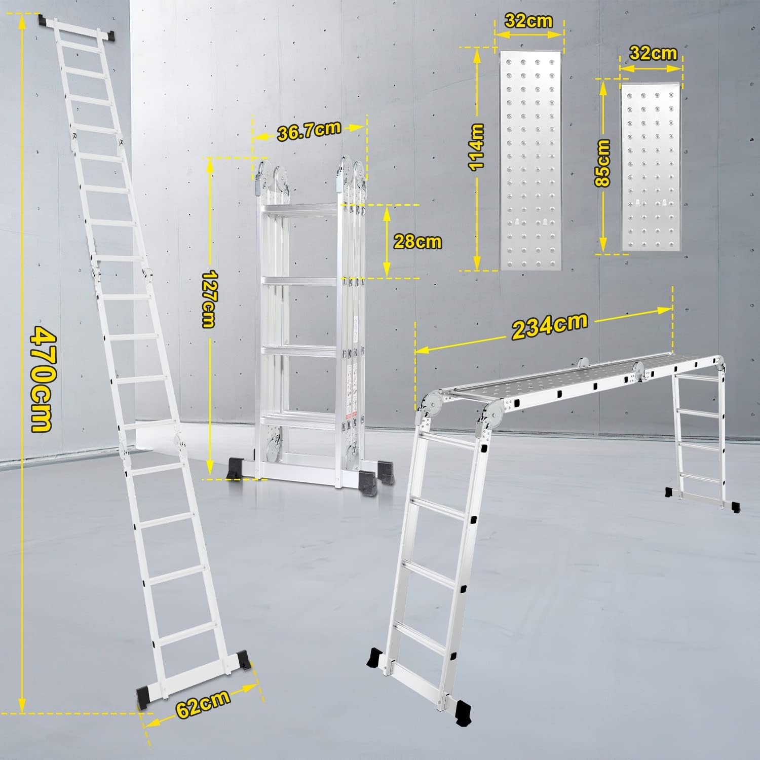 4 x 4 Échelle Multifonction Pliante 470 cm 7 en 1 Échelle Polyvalente en Aluminium avec 2 Plaques d'Échafaudage, Jusqu'à 150 kg, SNOF-8972-M1C