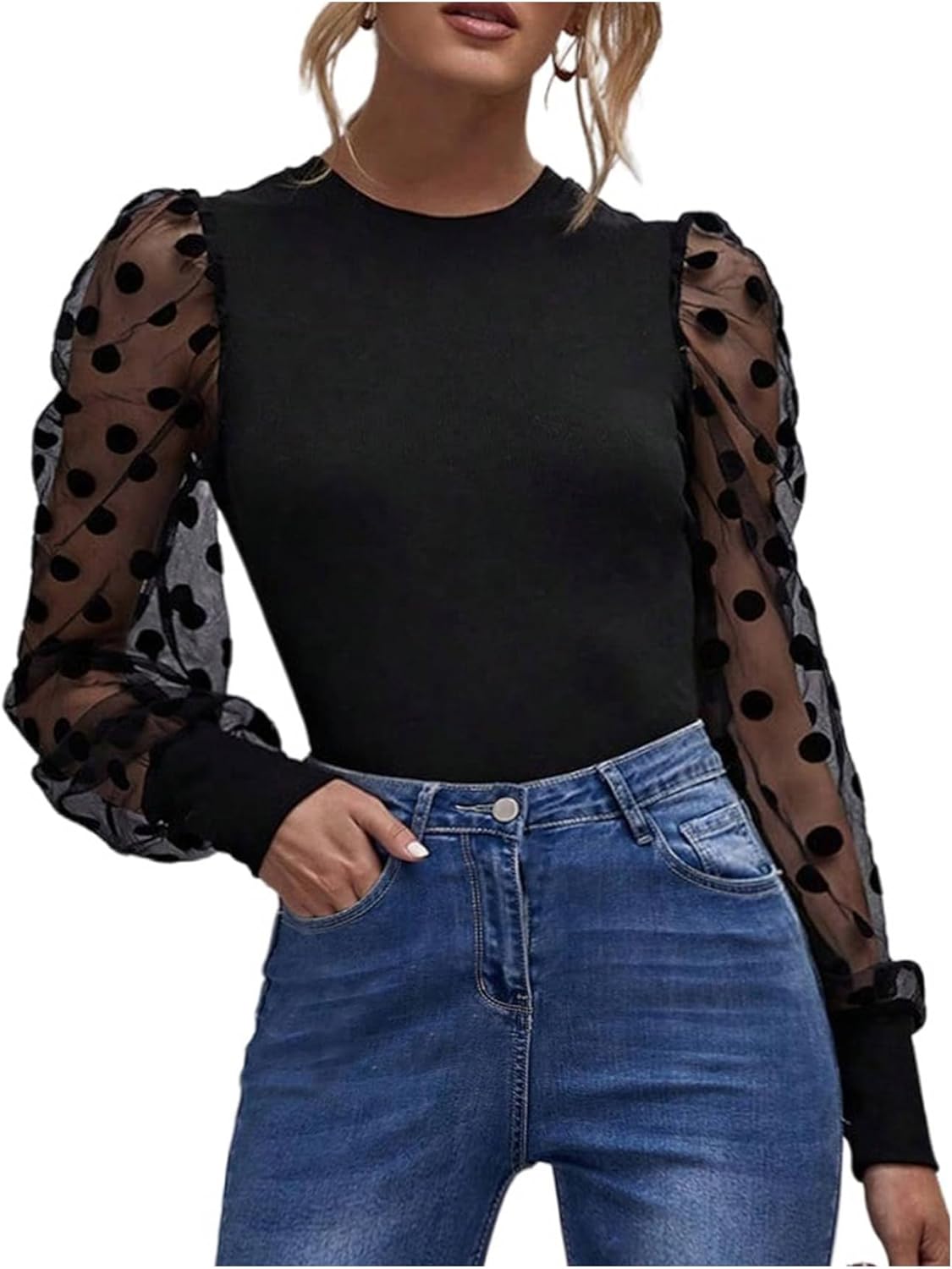 Milumia Women's Polka Dots Mesh Tops Crew Neck Lantern Long Sleeve Tee Shirts