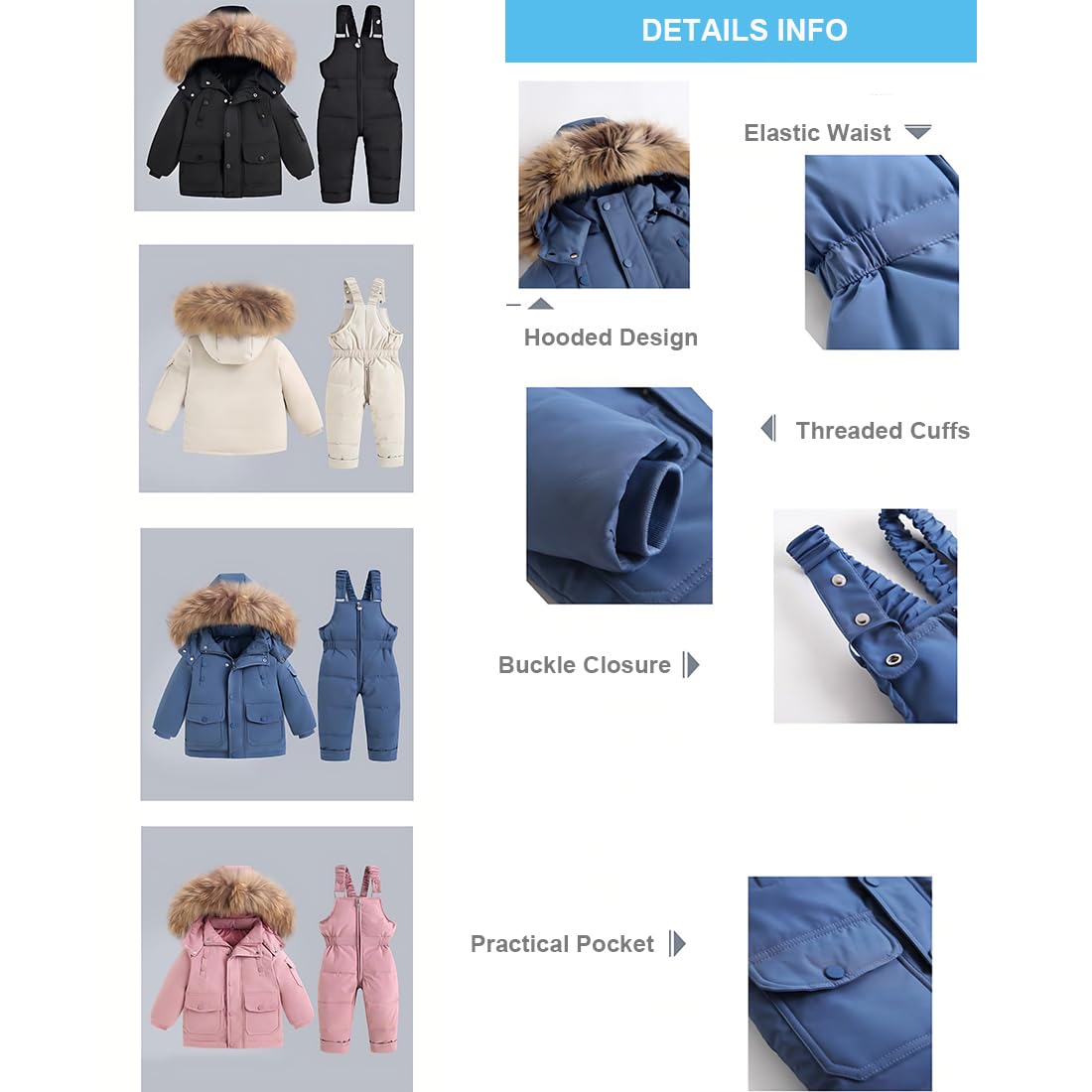 Bebé Conjunto de Trajes de Nieve Niños Niñas Abrigos de Pluma Pantalones de Babero 2 Piezas Traje de Esquí Invierno de Nieve Chaquetas Pantalón de Esquí