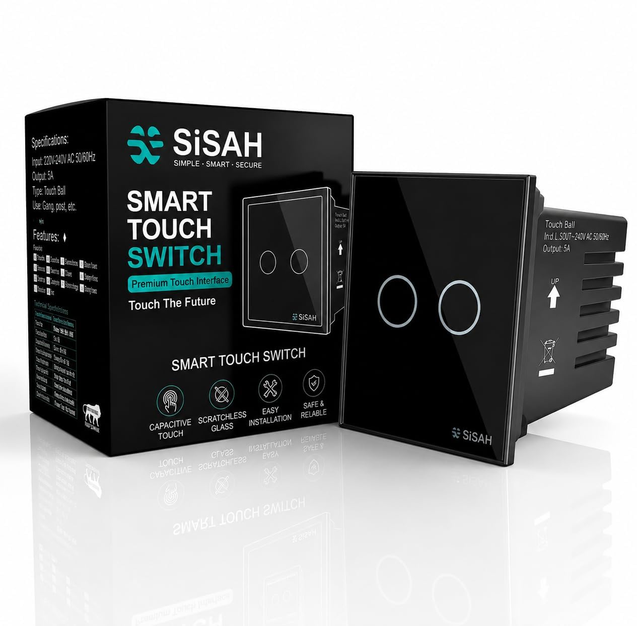 SiSAH 2 Gang Glass Touch Switch | Dual Modular Touch Switch for Lights | Black | 220-240V-image-10