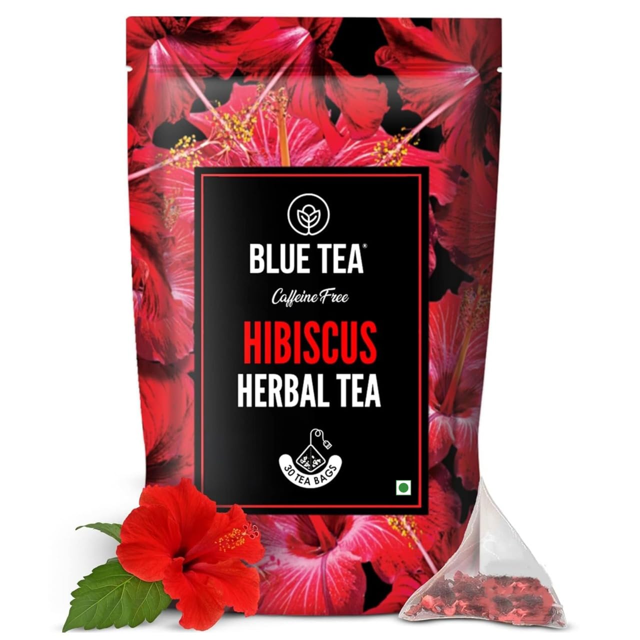 BLUE TEA - Hibiscus Tea - 30 Tea Bags - Plant Based | SKIN GLOW ENHANCING TEA | Vitamin- C Rich - Flower Based - Herbal Tea - Caffeine Free - Tangy Flavor - Non-GMO | Zipper Packaging