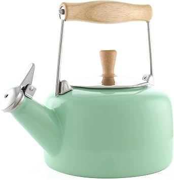 Chantal SVEN Enamel on Steel Whistling Teakettle with Natural Wood handle, 1.4 quarts Mint Green | 1.4-Qt Enamel-on-Steel Kettle, Porcelain-Enamel Interior, Stay-Cool Wood Handle, Whistling Spout, Induction-Ready