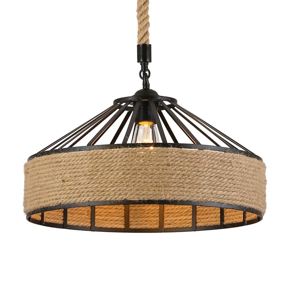 Suspension luminaire E27 fer forgé et corde de chanvre pour plafond rétro de style bar
