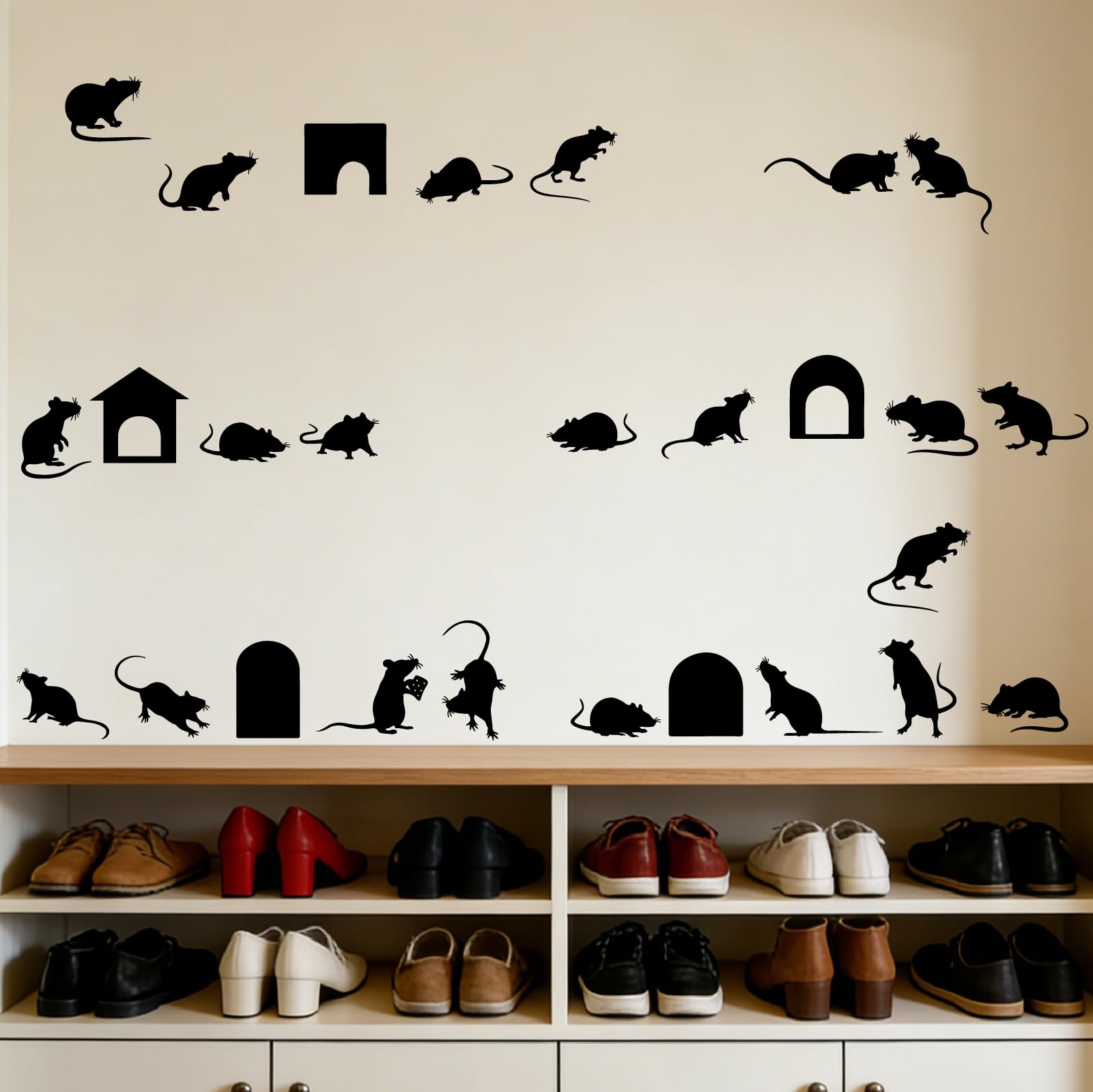 PLIGREAT 3 Sheets Black Mouses Wall Decals, Carved Wall Stickers Without Edges Removable Vinyl Art Murals for Bedroom Nursery Office DIY Home Indoor Art Decor Mouse Staircase Stickers