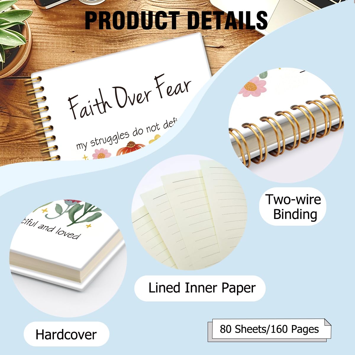 Cuaderno con espiral de tapa dura con 160 páginas con forro de Faith Over Fear, diario de arte de flores cristianas, cuaderno inspirador, bonito diario bíblico para mujeres, compañeras de