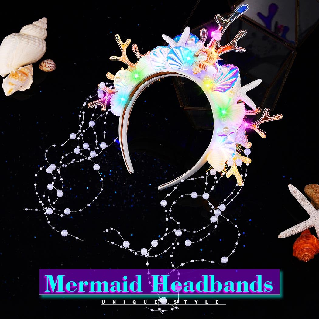 JEAIRTS Light Up Mermaid Headband Glow Shell Hair Band Led Pearl Starfish Costume Hair Accessories for Women - Image 4