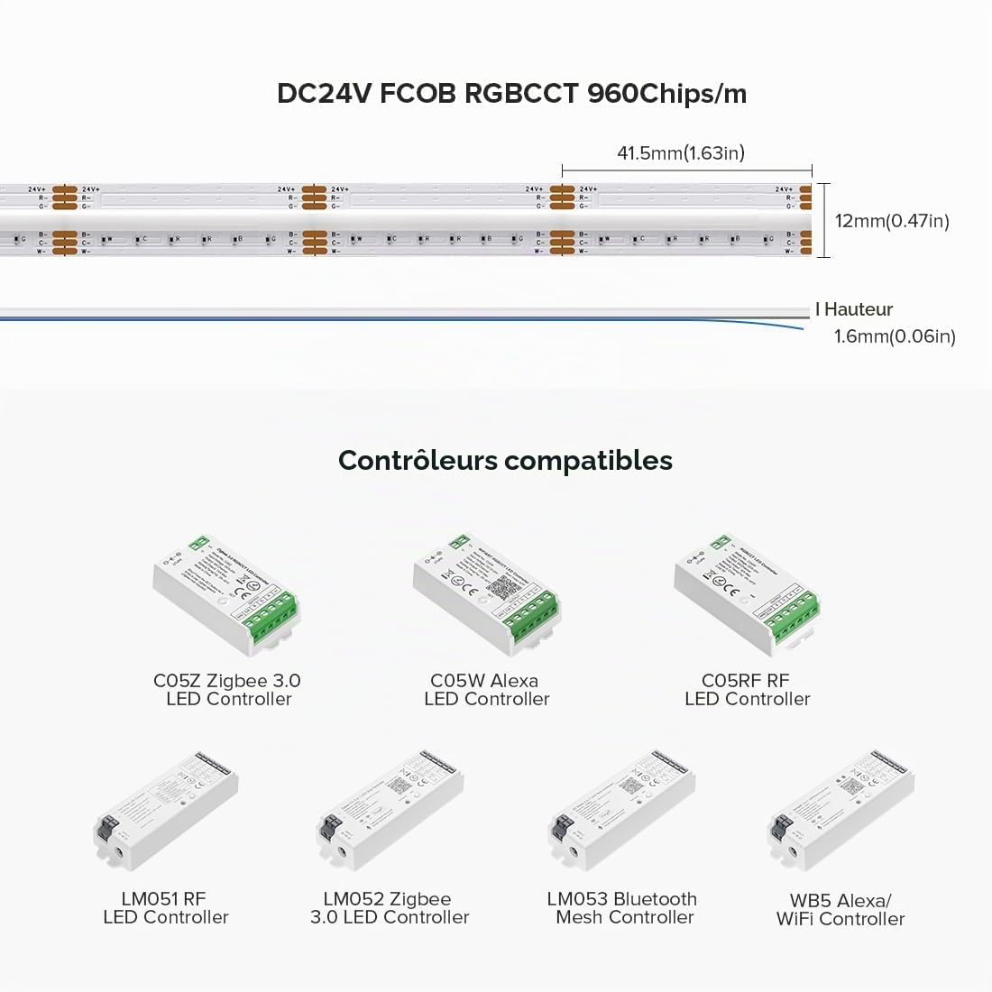 BTF-LIGHTING FCOB COB RGBCCT Bande LED 5M 960LEDs/m 24V IP30 PCB Noir