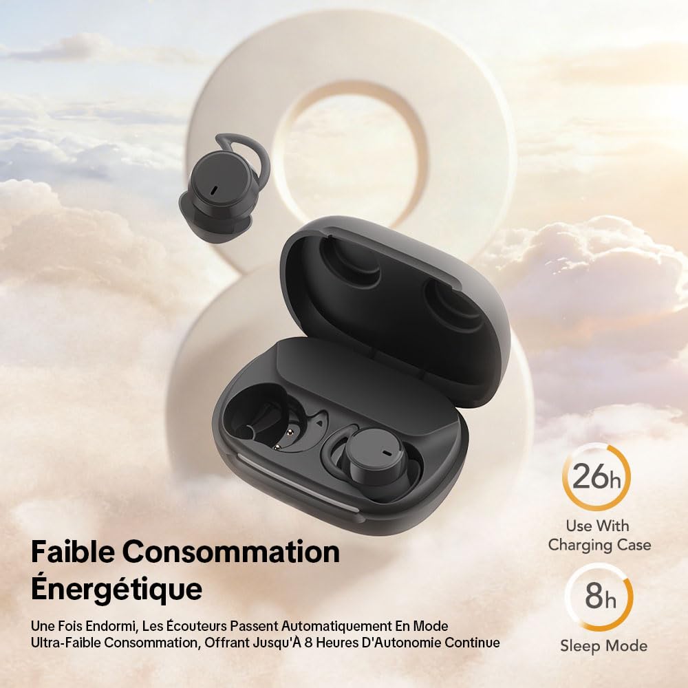 MS217 Écouteur Traducteur Instantané IA 165 Langues | Ecouteurs Bluetooth Sans Fil 6.0, 40H d'Autonomie, Mini Écouteur Sommeil pour Dormir sur le Côté, Voyages, Réunions – Noir