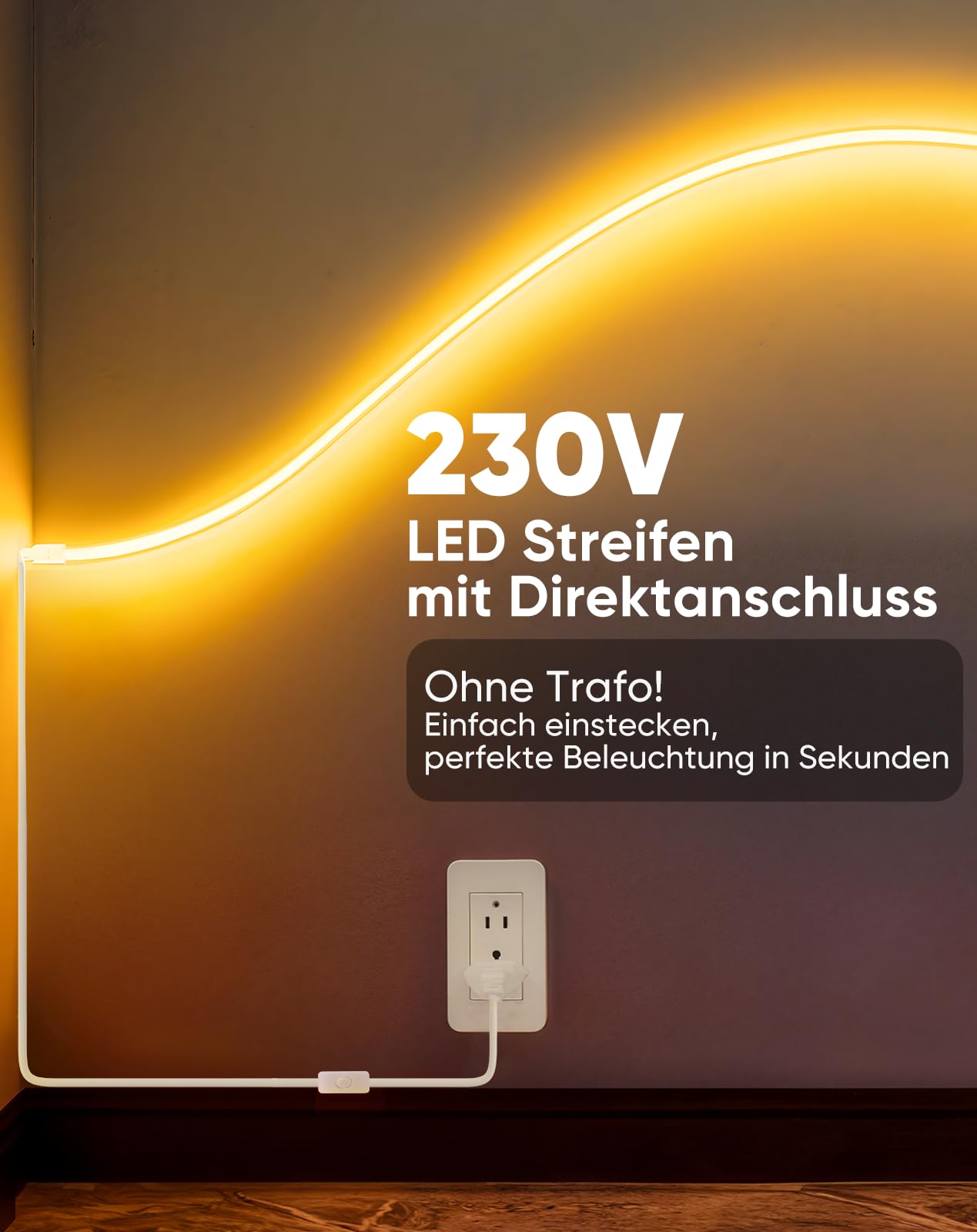 Striscia LED COB Neon AC 230 V, luce bianca calda, 3 m