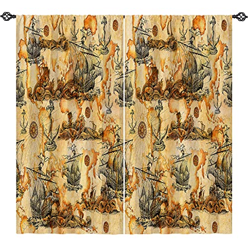 Anhope Nautical Curtains, Pirate Adventure Theme Window Panels With Vintage Sailboats Sea Dragons Monsters Rudder Print Pattern, Rod Pocket Curtain Drapes For Bedroom Living Room 2 Panels 28 X 48 Inch #TOP20