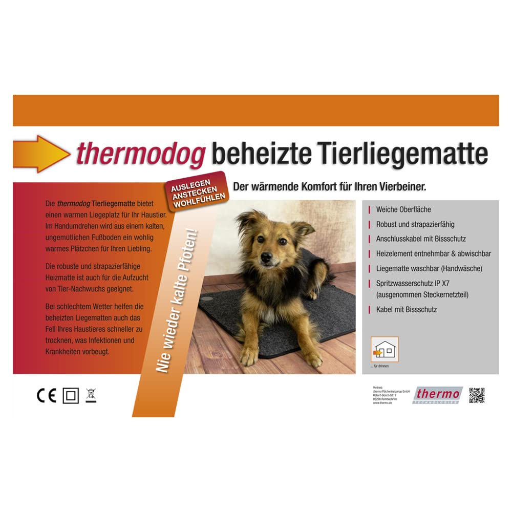 thermodog 3523001 beheizte Tierliegematte, Wollvlies, 580x810x7mm, 24V / 50W, Steckernetzteil absteckbar