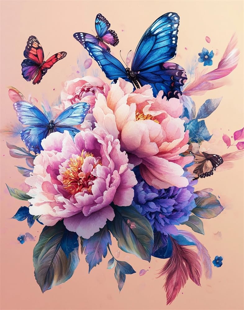Henypt Cross Stitch Kits Bouquet of Peonies and Butterflies with for Adults Pre Printed, DIY 11 Count Embroidery Sewing Starter Kit Stamped Needlework Easy Beginners (Stamped)
