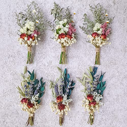 Mini Dried Flower Bouquet Set Of 6, Boho Wedding Decor, Boutonniere For Men, Table Centerpieces, Dry Rose,Birthday Cake Flowers,Personalized Bridesmaid Gift Box, Small Bottles Decoration. (Rose) #TOP1