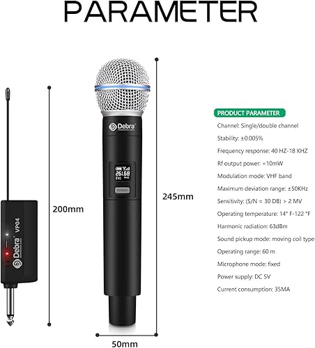Miniatura 8 de D Debra Sistema de micrófono inalámbrico Audio Dual Micrófono de mano dinámico inalámbrico con receptor recargable, para cantar karaoke, boda, DJ,