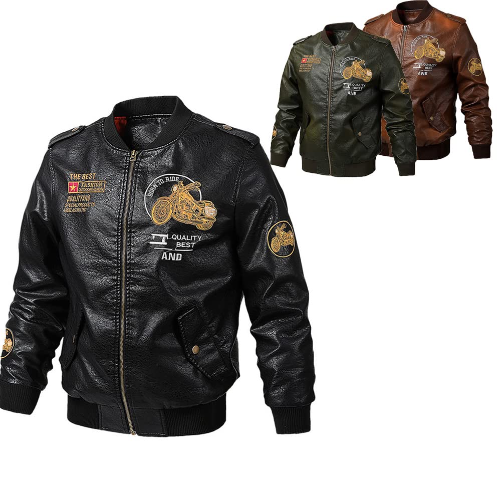 LOMENG Leather Motorcycle Motorbike Coat short Embroidery Casual Work Waterproof Wear-resistant Jacket with Pockets for Men