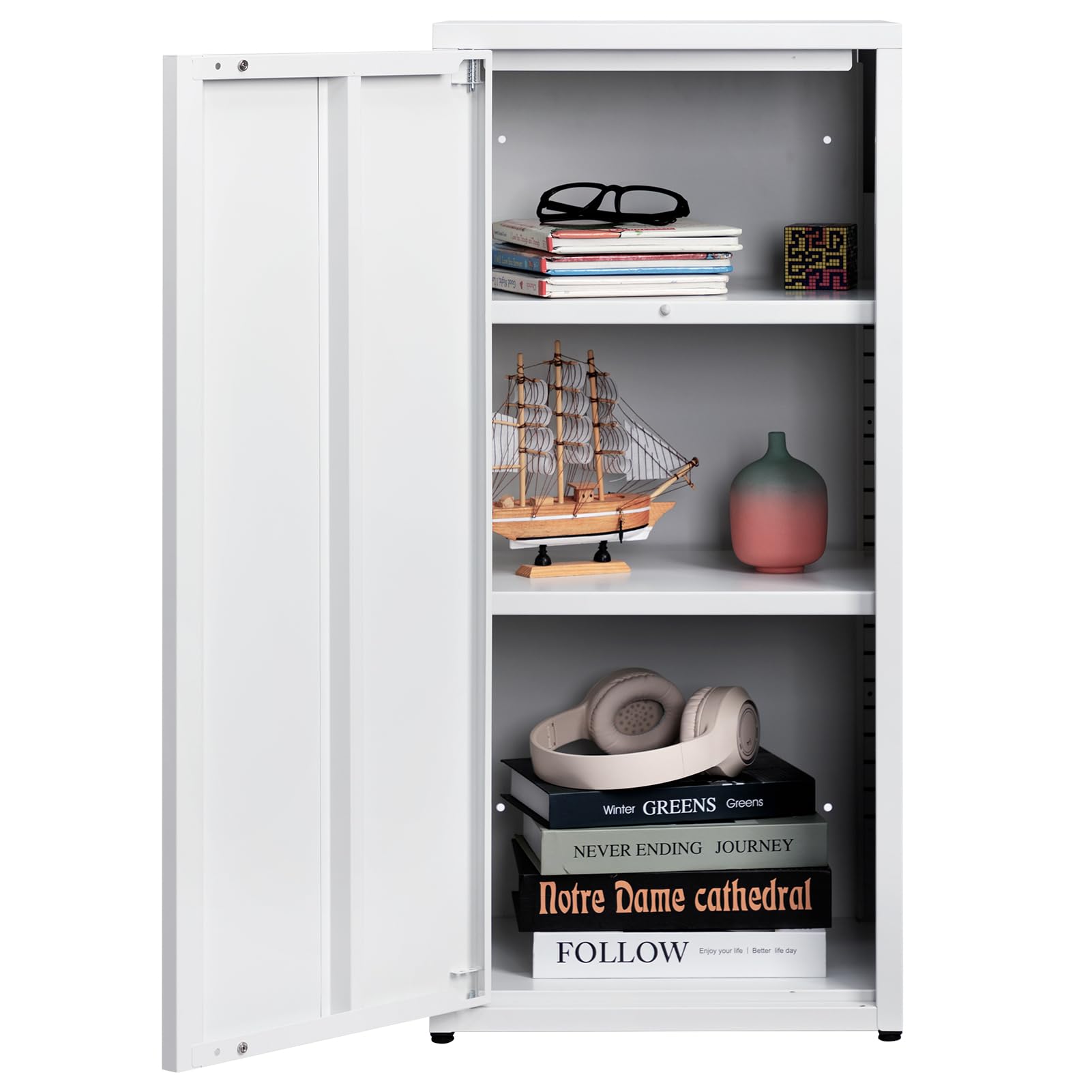 HollyHOME Armoire de rangement en métal avec une porte, meuble de rangement de bureau avec fermeture magnétique, armoires de classement avec étagères réglables pour le salon, blanc