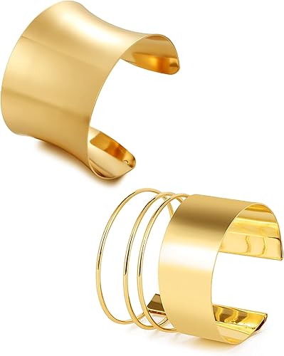 BOMAIL Juego de 2 pulseras de brazalete para mujer, pulseras de alambre ancho abierto, pulsera dorada ajustable