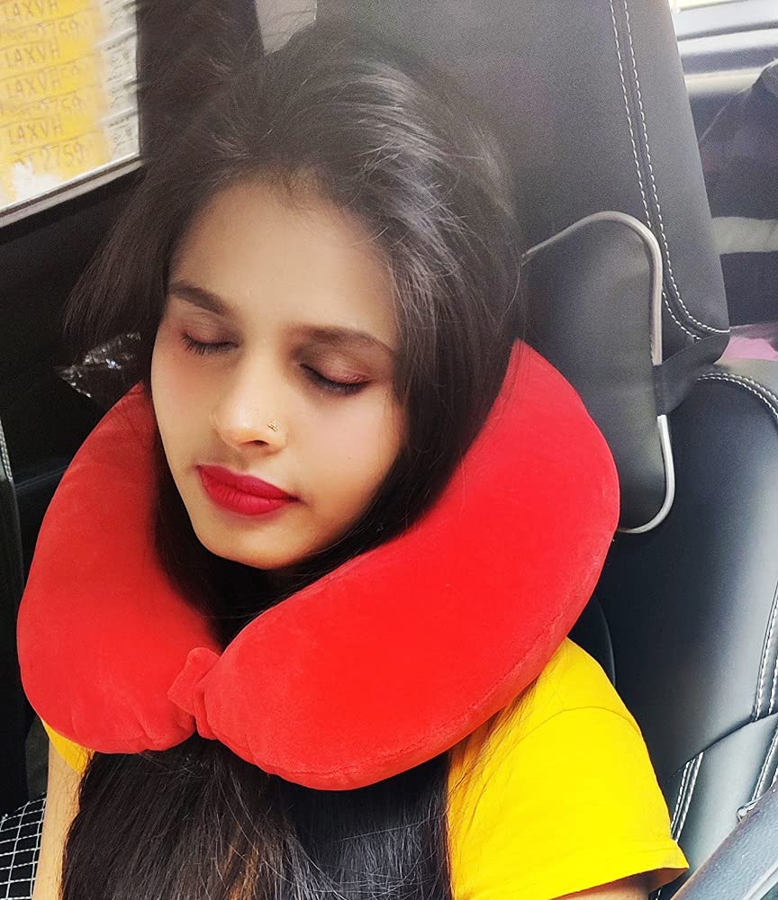 Juzzii Velvet Unisex U-Shaped 100 Percent Pure Micro Fibre Soft Cushions Neck Rest Pillow for Travel, Car, Train, Flight, Bus Color -Red